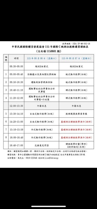 暑假泳池教課趣! 中華民國國際體育發展協會115 年國際 C 級游泳教練研習課程開課囉!!圖片